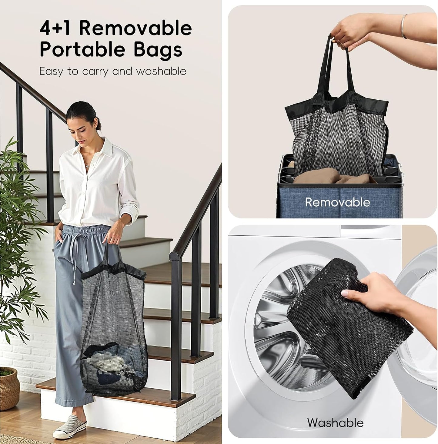 185L Laundry Hamper 3 Section, Laundry Hamper with Lid, Dirty Clothes Hamper with 3 Removable Washing Bags, Extra Large Laundry Basket Organizer for Bedroom, Laundry Room, Dorm - Black