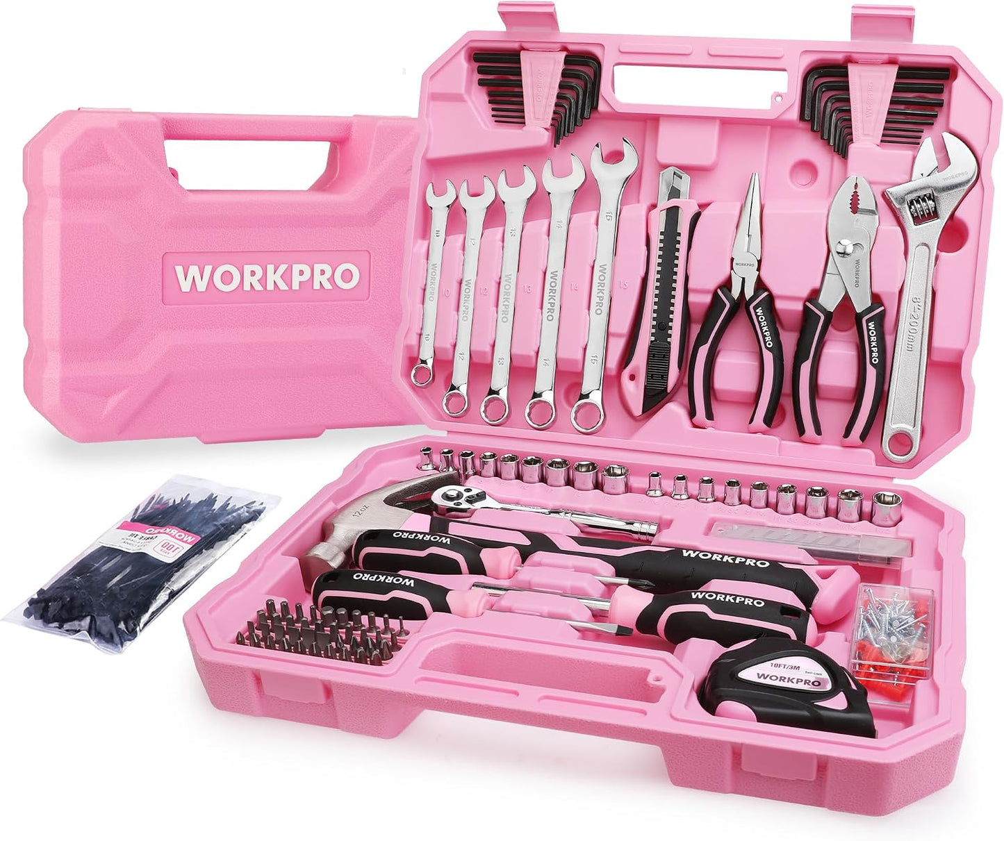 WORKPRO Pink Tool Set, 258 PCS Tool Kit for Women, Basic Household Case with Hammer, Screwdriver Set, Portable for Home Repair, New Apartment, House-Warming, DIY - Pink Ribbon