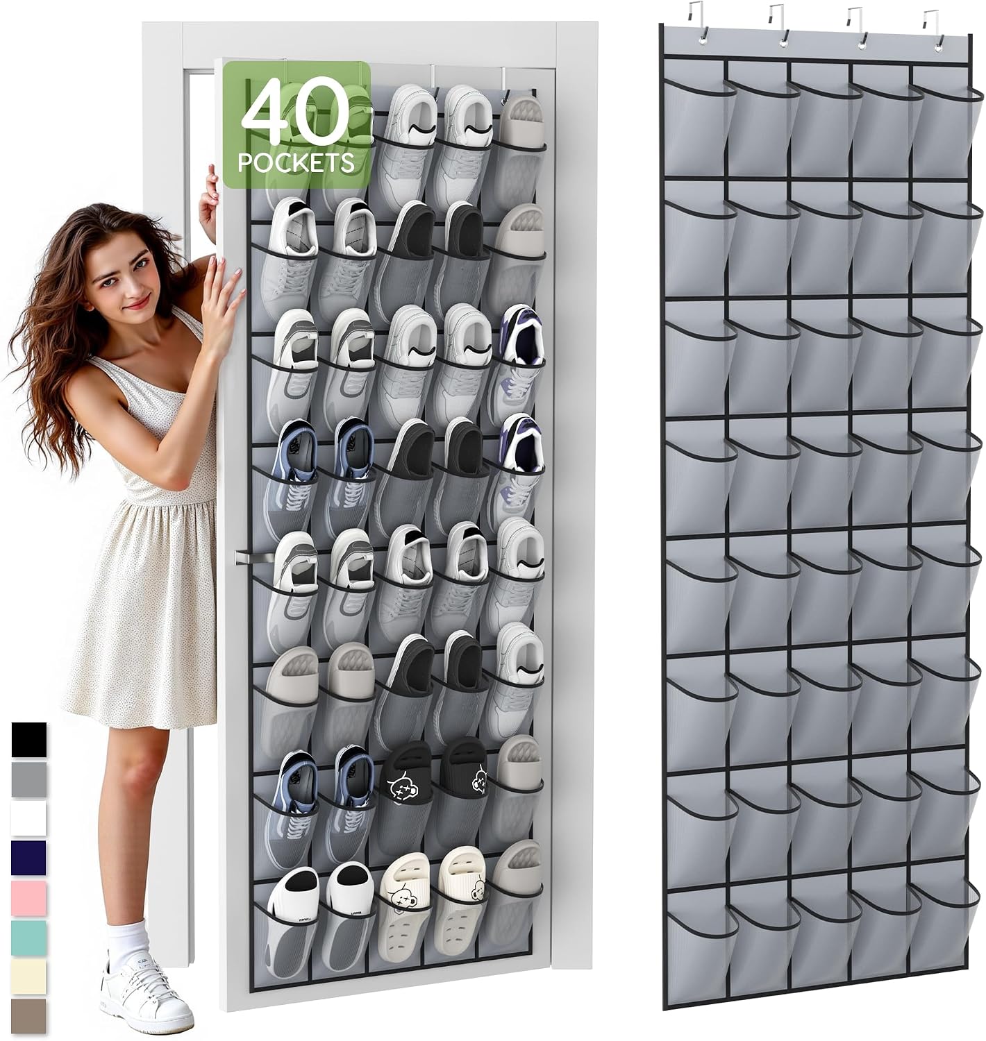 Over the Door Shoe Organizer with 40 Large Breathable Mesh Pockets, Space Saving Shoe Holder, Hanging Shoe Rack for Entryway Bedroom Closet Storage (White, 40 Pockets)