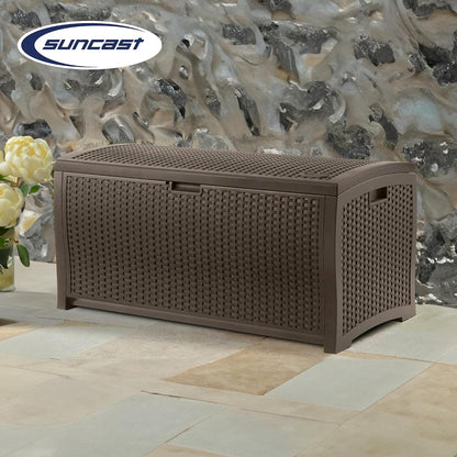 Suncast DBW9200 99 Gallon Outdoor Wicker resin Patio Storage Chest Bin with Handles for Patio, Garden, Garage, or Pool for All Weather, Mocha