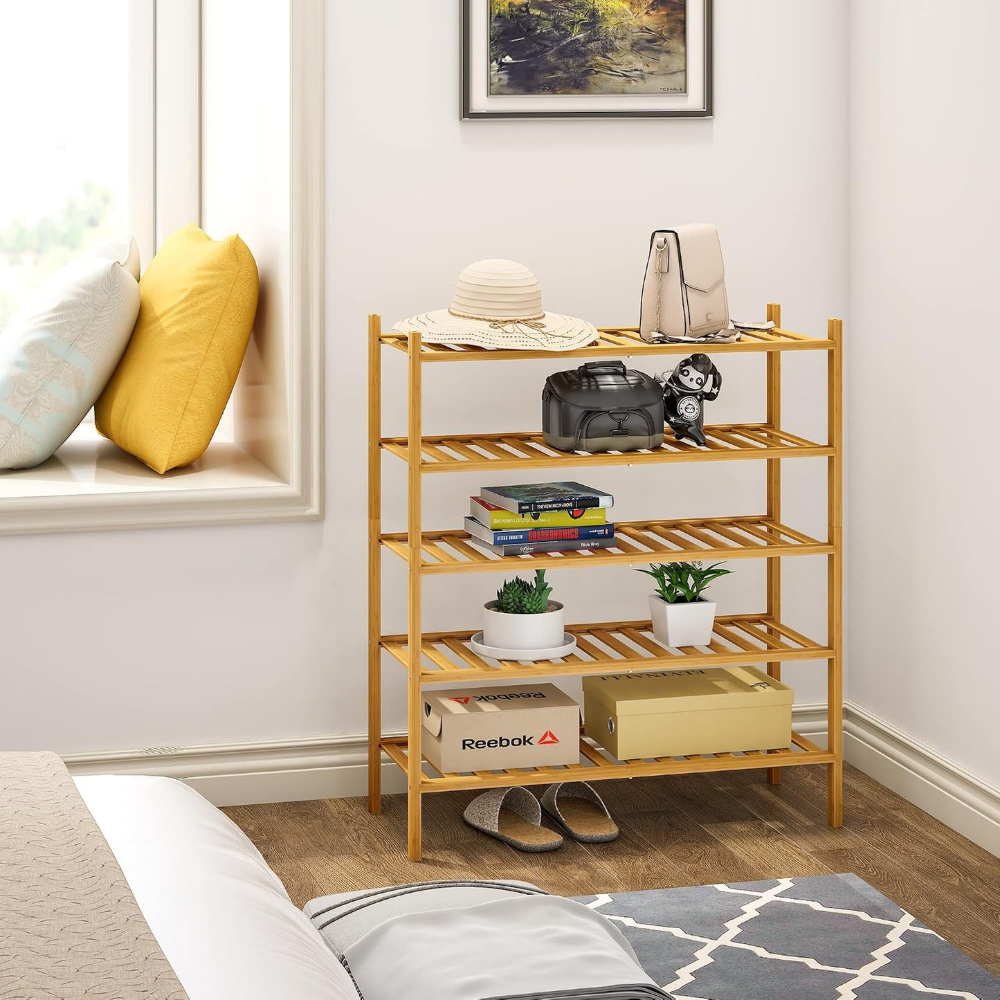 BMOSU 2-Tier Bamboo Small Shoe Rack Premium Stackable Shoe Shelf Storage Organizer for Hallway Closet Living Room Entryway Organizer (Black Bamboo)