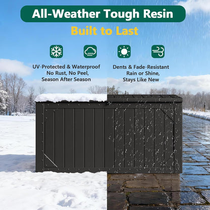 Outdoor Storage Box, 98 Gallon Deck Box, Outdoor Storage Bench, Waterproof Resin Storage Bench with Lockable Lid, Patio Furniture Cushions & Garden Tools Storage, UV Resistant (Black)