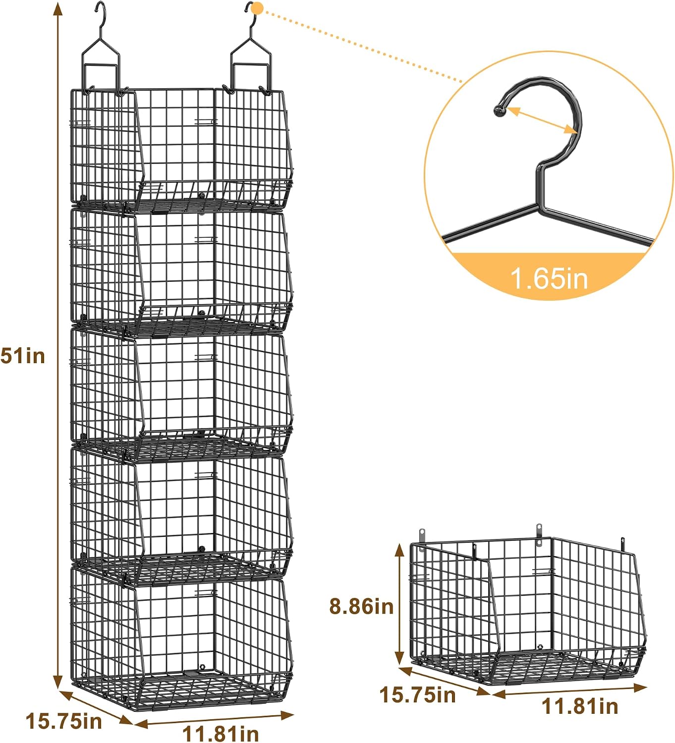 8-Tier Extended Depth Hanging Closet Organizers and Storage for Closet System, Stackable Closet Shelves with 4 Adjustable Dividers for Clothes Sweaters Purses, Wire Hanging Basket Fits Closet Laundry