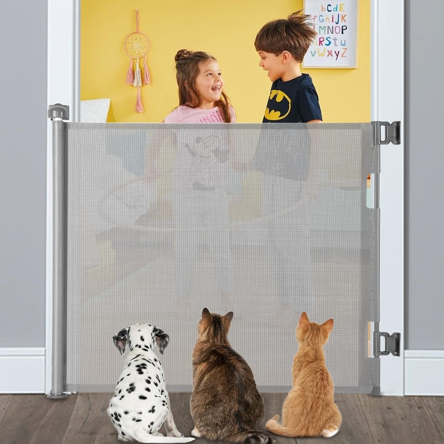 Retractable Baby Gate for Stairs & Doorways, 33" Tall Extends to 71" Wide | Extra Wide Safety Kid Pet Gate, Mesh Dog Gate for Indoor,Outdoor, Hallways One-Handed Operation, Easy Install(33”x71”-Black)