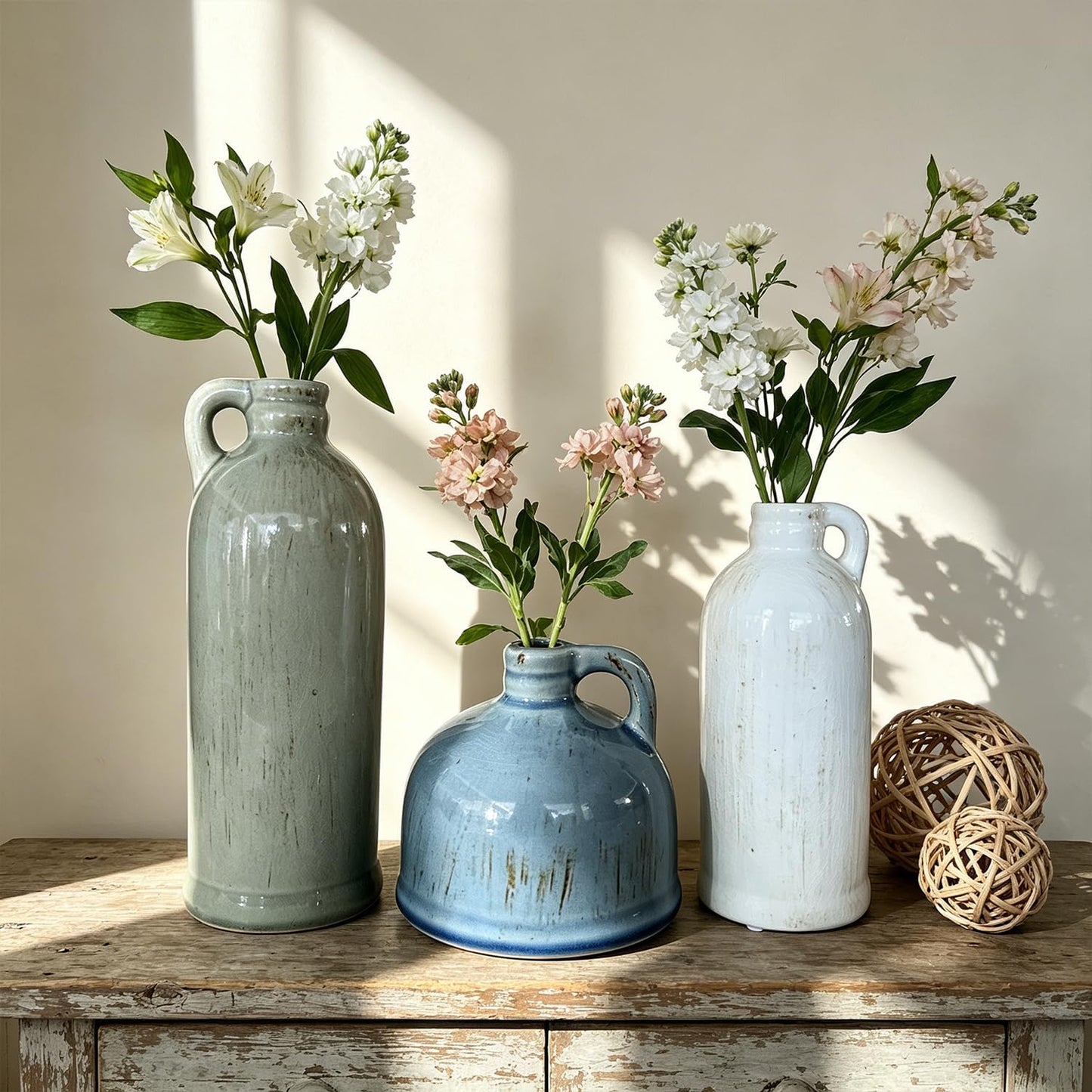 Ceramic Vase Set of 3,Rustic Vase Home Decor, Farmhouse Vase Decor for Shelves,Entry Table,Living Room,Fireplace