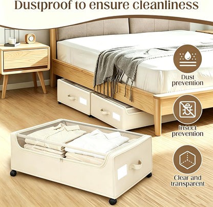 Under Bed Storage with Wheels, 2 Pack Under Bed Storage Containers, 10.6 inches Tall Underbed storage bins on Wheels, Rolling Under the Bed Metal Drawers for Clothes, Blankets, Shoes (XXXL, 90L)