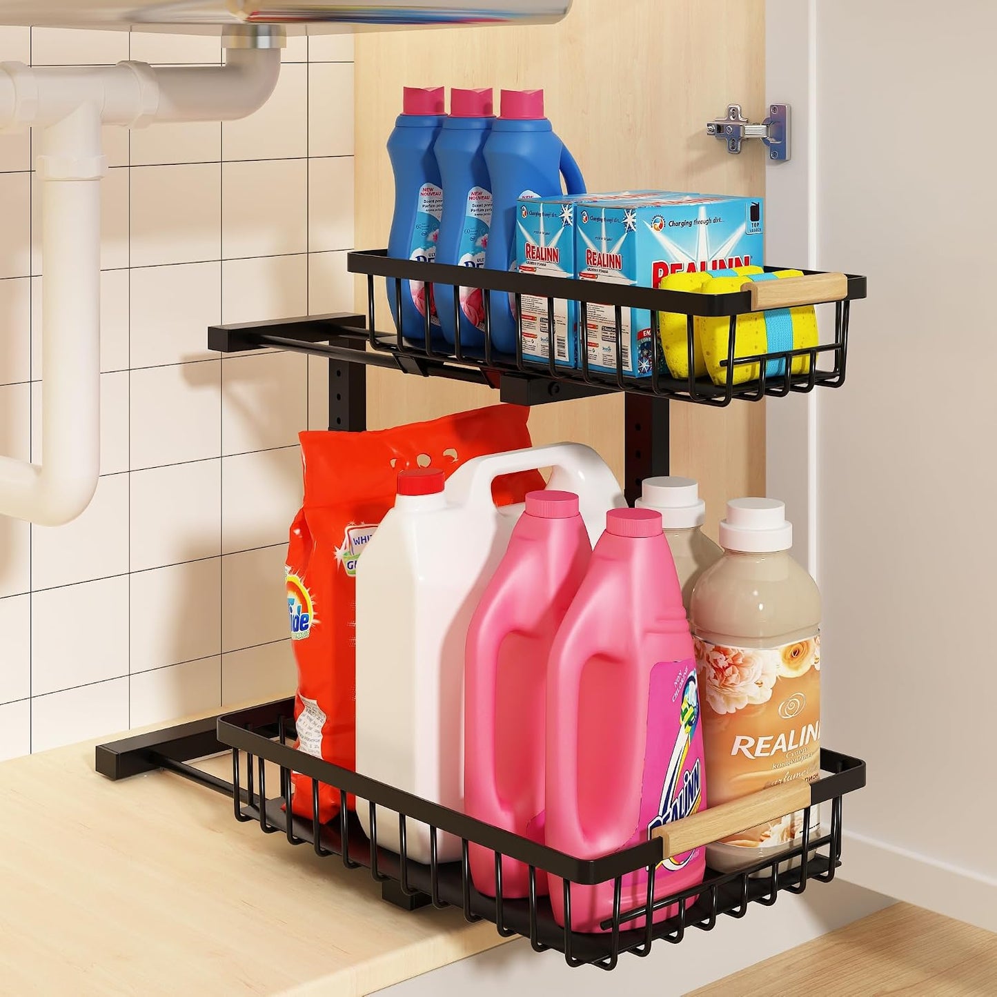 REALINN Under Sink Organizer, 2 Pack Height Adjustable Under Sink Organizers and Storage, 2 Tier Pull Out Drawer Cabinet Storage for Kitchen Bathroom, White