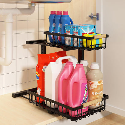 REALINN Under Sink Organizer, 2 Pack Height Adjustable Under Sink Organizers and Storage, 2 Tier Pull Out Drawer Cabinet Storage for Kitchen Bathroom, White
