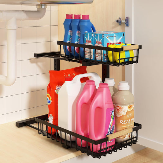 REALINN Under Sink Organizer, 2 Pack Height Adjustable Under Sink Organizers and Storage, 2 Tier Pull Out Drawer Cabinet Storage for Kitchen Bathroom, White