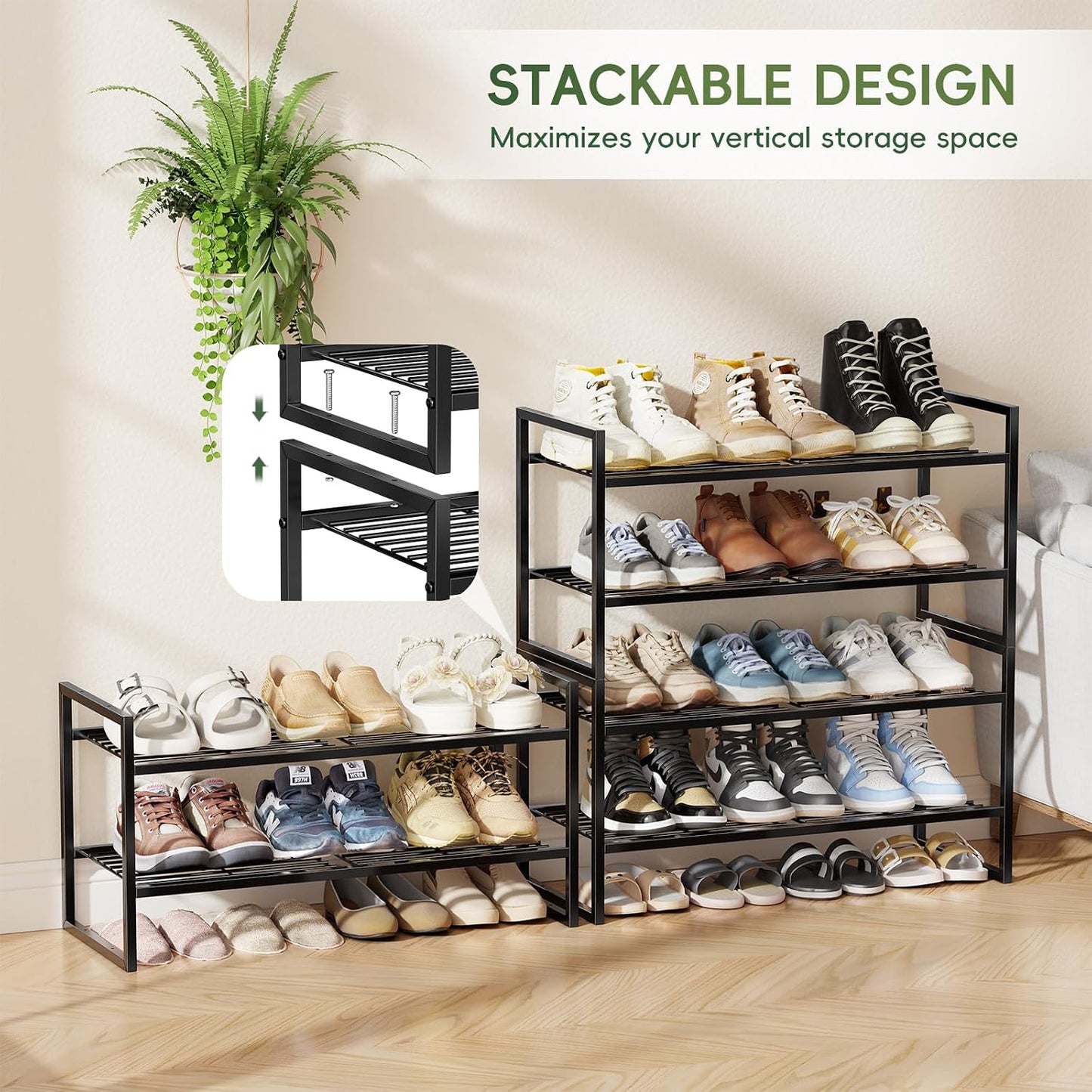 5-Tier Wide Shoe Rack, Metal Shoe Organizer for Closet, Stackable Freestanding Shoe Storage Shelf with Sturdy Wire Grid, Large Capacity Durable Shoe Rack for Entryway Bedroom, Black