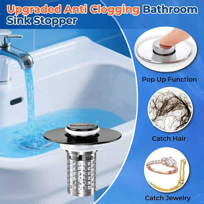 Bathroom Sink Drain Strainer(2PCS), Stainless Steel Pop-up Strainer Basket Hair Catcher with Removable Basket, Brass Bullet Core, Universal Fit 1.1-2.36 Inch