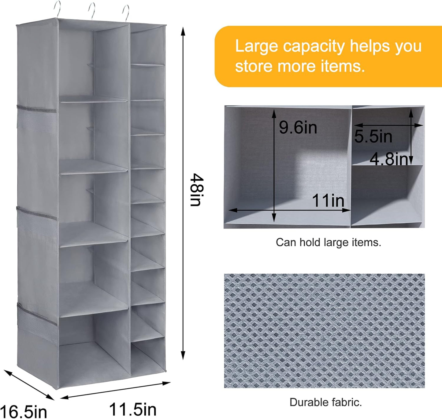 Libeder Shoe Organizer for Closet, 15 Shelf Hanging Closet Storage Shelves - 10 Shoe Rack Organizer and 5 Compartment for Clothes with 6 Side Mesh Pockets for Scarves Socks,Gloves, Grey