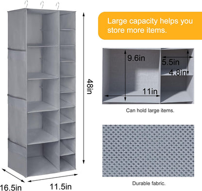 Libeder Shoe Organizer for Closet, 15 Shelf Hanging Closet Storage Shelves - 10 Shoe Rack Organizer and 5 Compartment for Clothes with 6 Side Mesh Pockets for Scarves Socks,Gloves, Grey