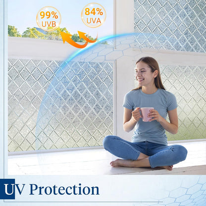 Haton Window Privacy Film Decorative Frosted Glass Window Film, Sun Blocking Stained Glass Clings, Static Cling Removable Stickers for Home Door Coverings, Lattice Pattern 17.5" x 78.7"