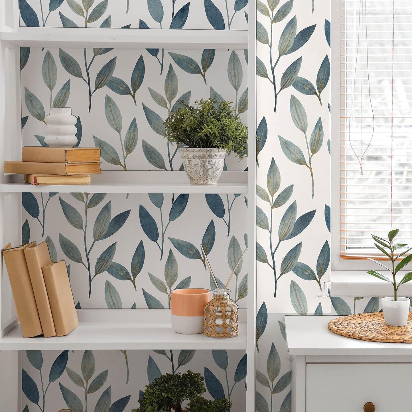 Blue Gold Leaf Peel and Stick Wallpaper Modern Self Adhesive Contact Paper Waterproof Removable Wall Paper for Bathroom Living Room 17.7"x70.8" Luxury Decorative Wallpaper