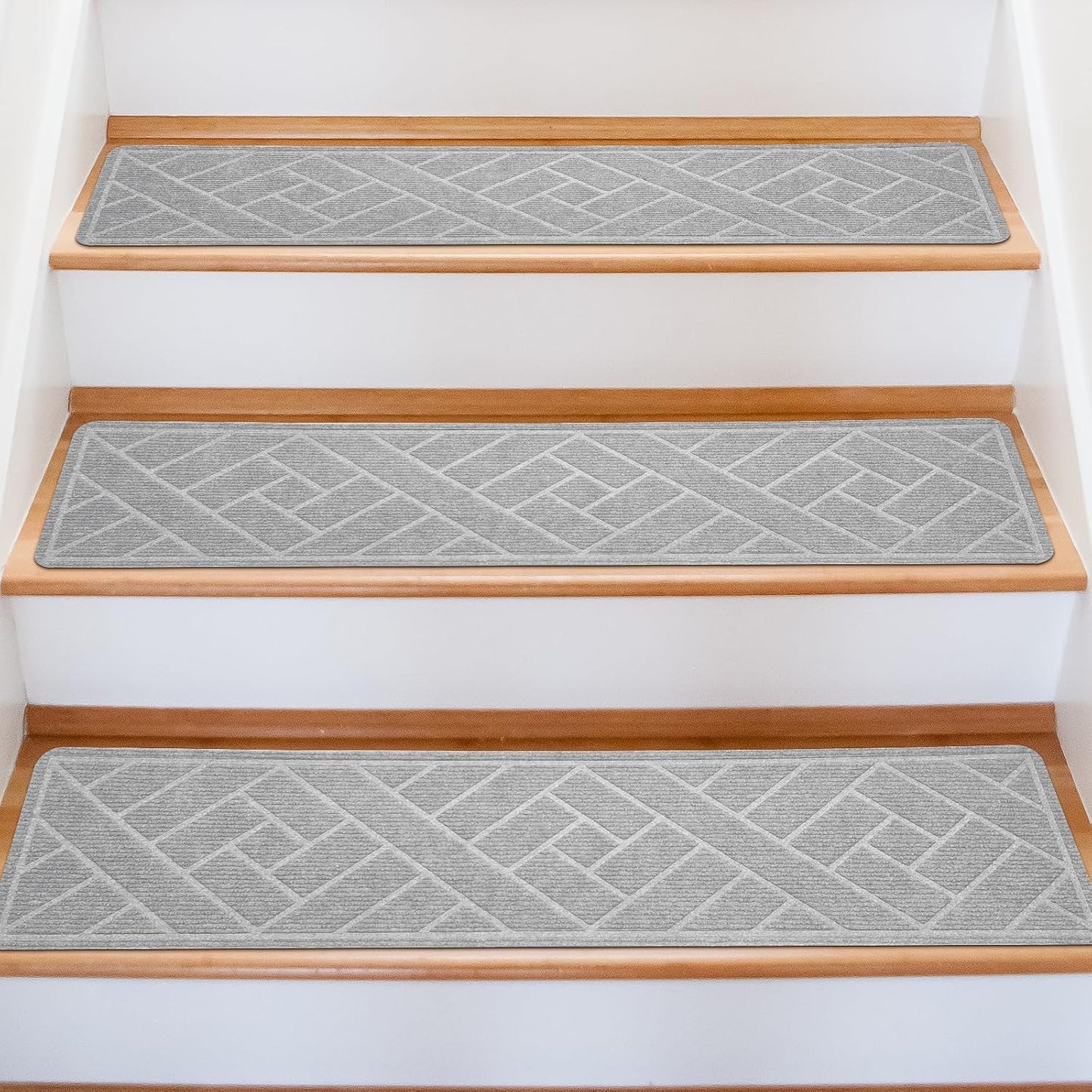 15 Pack 8 "X 30" Non-Slip Carpet Stair Treads for Indoor Wooden Steps, Made of Polyester and Reusable Adhesive, Suitable for Kids Elders and Pets（Black Lines）