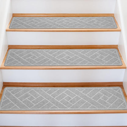 15 Pack 8 "X 30" Non-Slip Carpet Stair Treads for Indoor Wooden Steps, Made of Polyester and Reusable Adhesive, Suitable for Kids Elders and Pets（Black Lines）