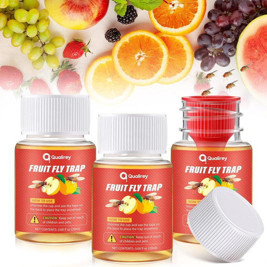 Qualirey 6 Pack Fruit Fly Traps for Indoors, Fruit Fly Killer and Catcher, Trap Refill Liquid for Home & Kitchen, Non Toxic Safe Near Food, Effective Lure Refill for Indoor Use