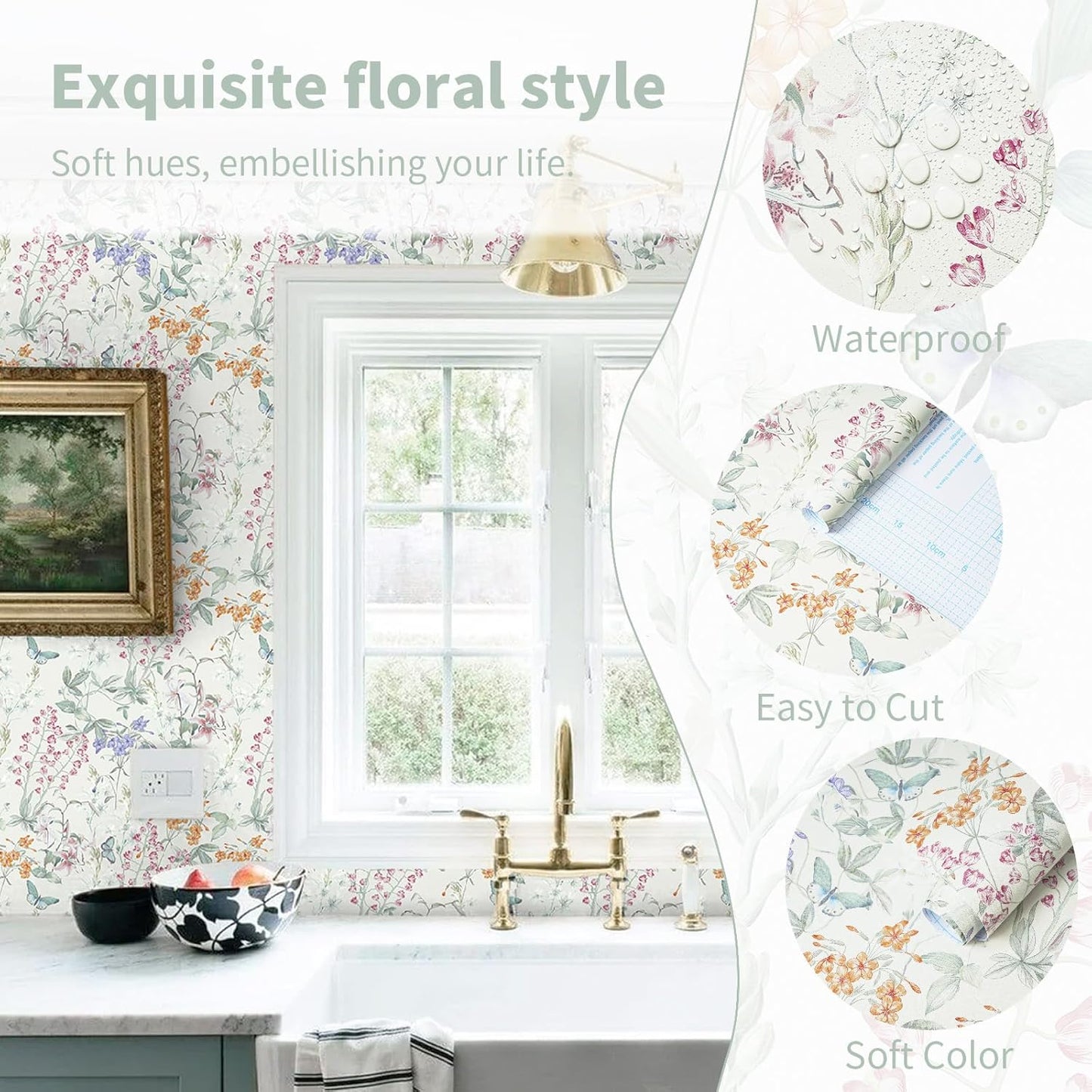 Dimoon 17.3''x78.7'' Vintage Peel and Stick Wallpaper Boho Beige Neutral Contact Paper White Floral Bird Wallpaper Removable Botanical Renter Friendly Modern Wall Paper Bedroom Bathroom Vinyl Roll
