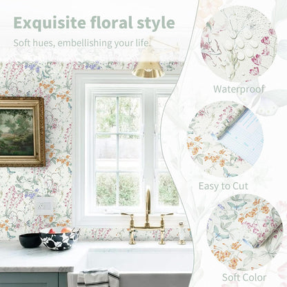 Dimoon 17.3''x78.7'' Vintage Peel and Stick Wallpaper Boho Beige Neutral Contact Paper White Floral Bird Wallpaper Removable Botanical Renter Friendly Modern Wall Paper Bedroom Bathroom Vinyl Roll