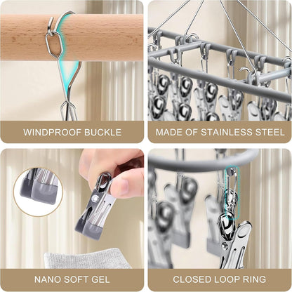 PHYDELU Drying Rack Clothing with 20 Clips，Sock Hanger for Drying，Hanging Clothes Dryer Underwear Hangers Racks Laundry Herb Socks Panty Wet Bra Lingerie Baby Delicates Foldable Small Indoor Metal