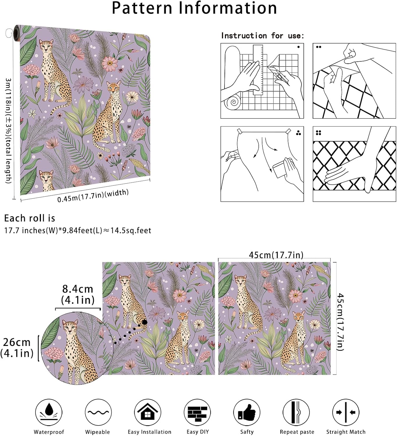 Floralplus Peel and Stick Wallpaper Leopard Jungle Removable Wallpaper for Bathroom Renter Friendly Wallpapers Self Adhesive Animal Floral Contact Paper for Accent Wall 17.5 x 118 in
