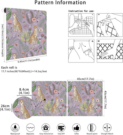 Floralplus Peel and Stick Wallpaper Leopard Jungle Removable Wallpaper for Bathroom Renter Friendly Wallpapers Self Adhesive Animal Floral Contact Paper for Accent Wall 17.5 x 118 in