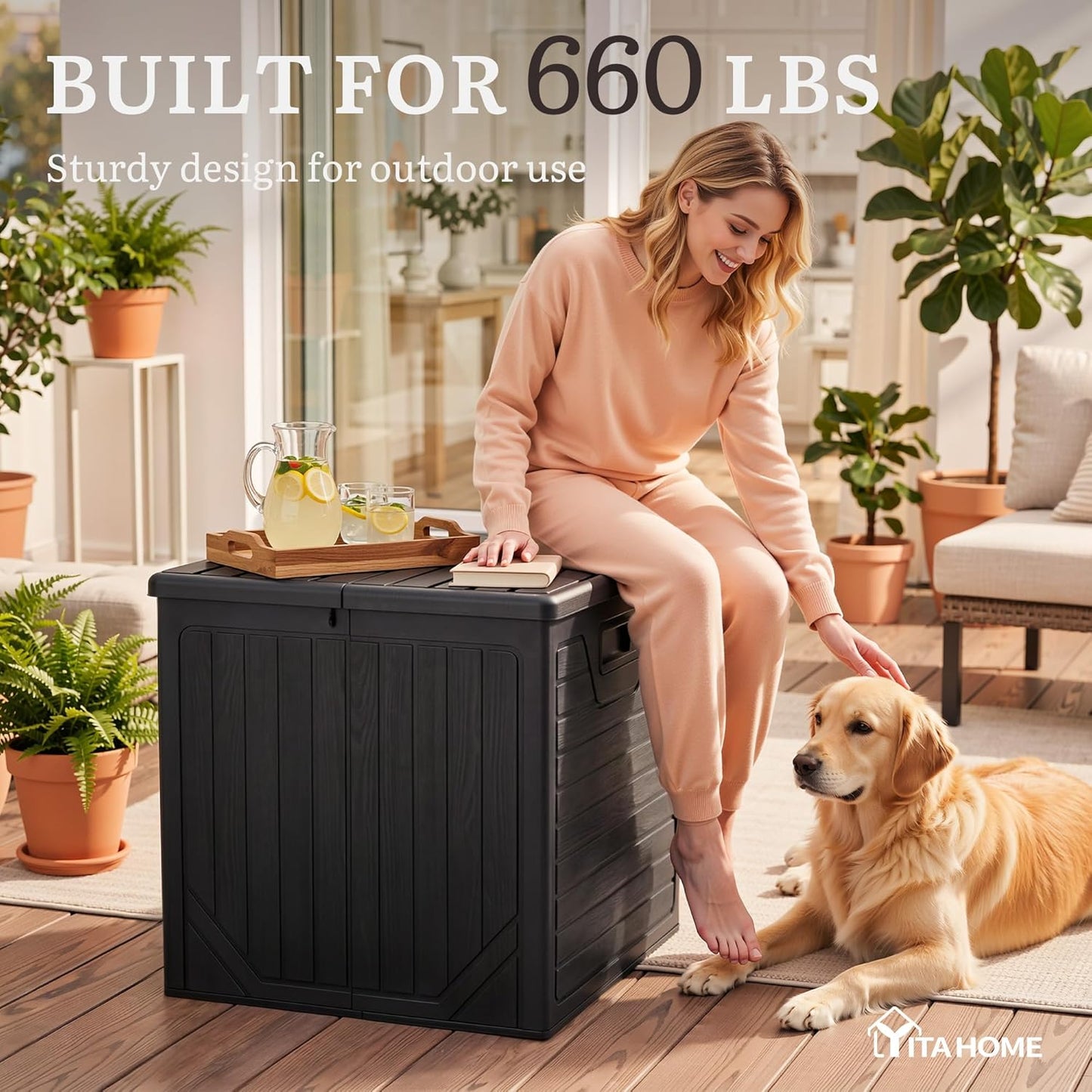 YITAHOME 100 Gallon Large Outdoor Deck Box | Waterproof Resin Storage Box, Lockable Indoor Outdoor Storage Container for Patio Furniture Cushions, Pool Accessories