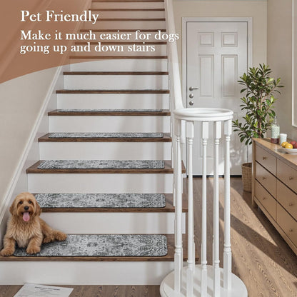 OJIA Non-Slip Carpet Stair Treads for Wooden Steps Set of 15, 30''X8'' Indoor Runner Resistant Rugs Rubber Safety Mats for Dogs, Kids & Elders, Stairway Grip