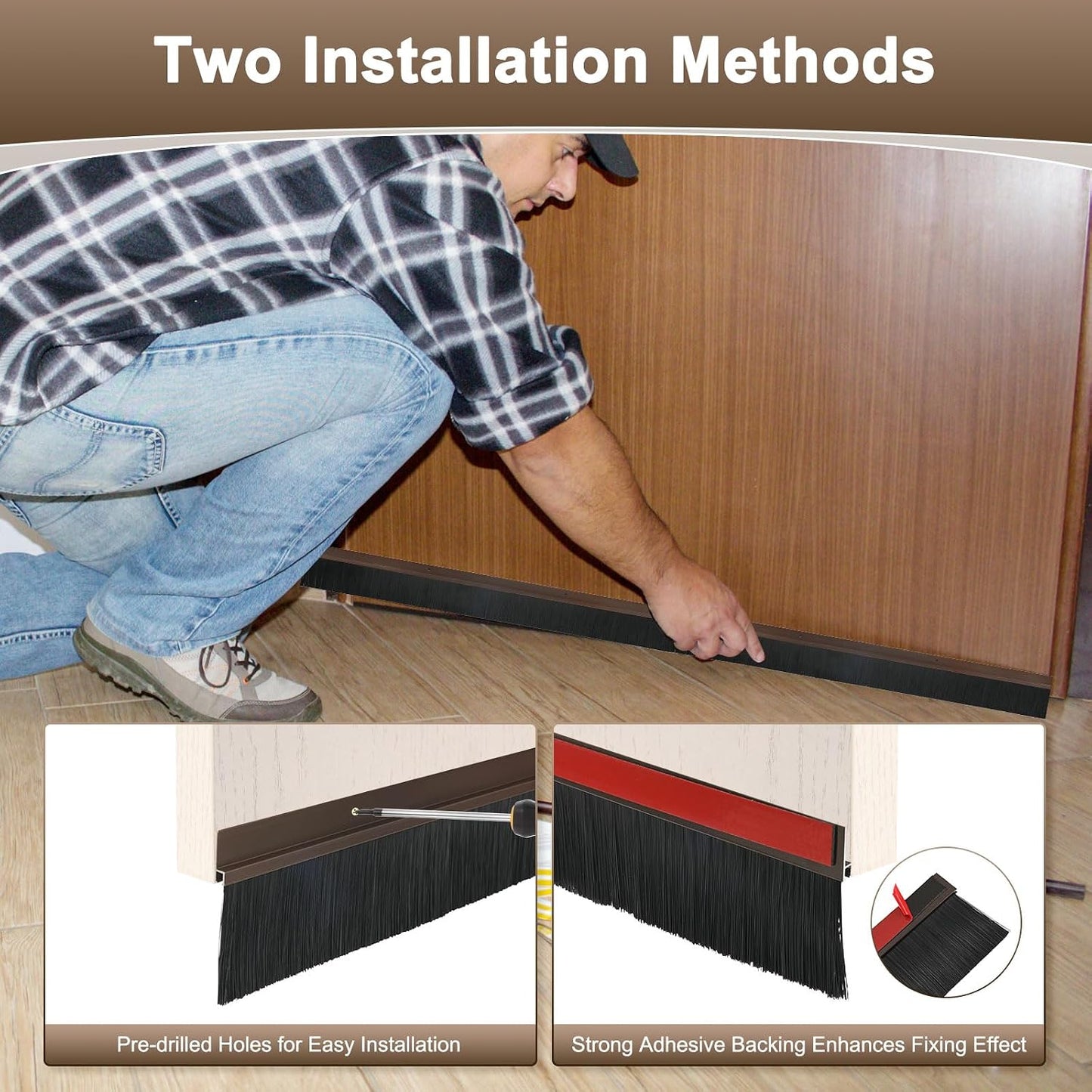 M METERXITY 2Pack Door Sweep - 39" Door Bottom Brush Heavy Duty Seal Draft Stopper Aluminum Base with 50mm Brush, Adhesive/Screw Installation for Interior/Exterior/Garage/Sliding Doors, Black