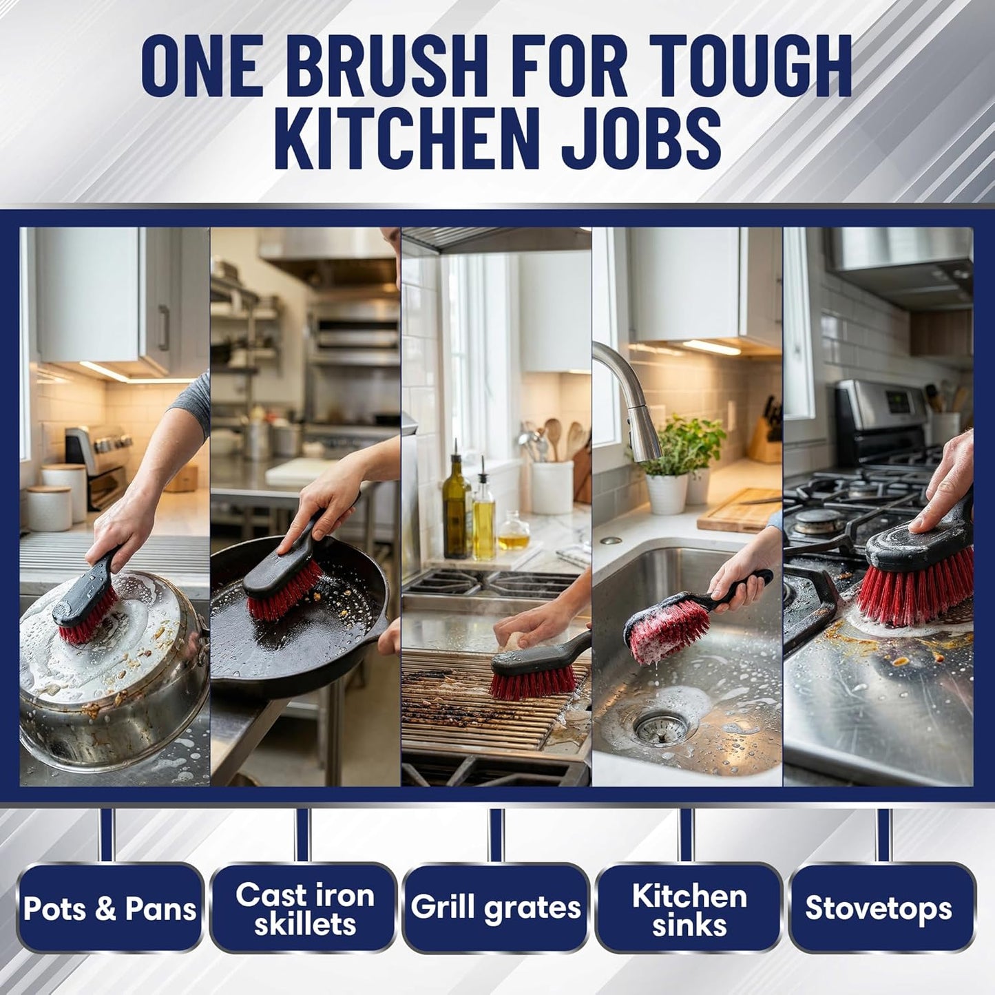 8 Inch Pot & Dish Kitchen Scrub Brush for Heavy-Duty Cleaning – Stiff Bristle Scrubber for Sink, Cast Iron, and Grill Grates - Kitchen Dish Scrubber Brush - 90048 by FryOilSaver Co.