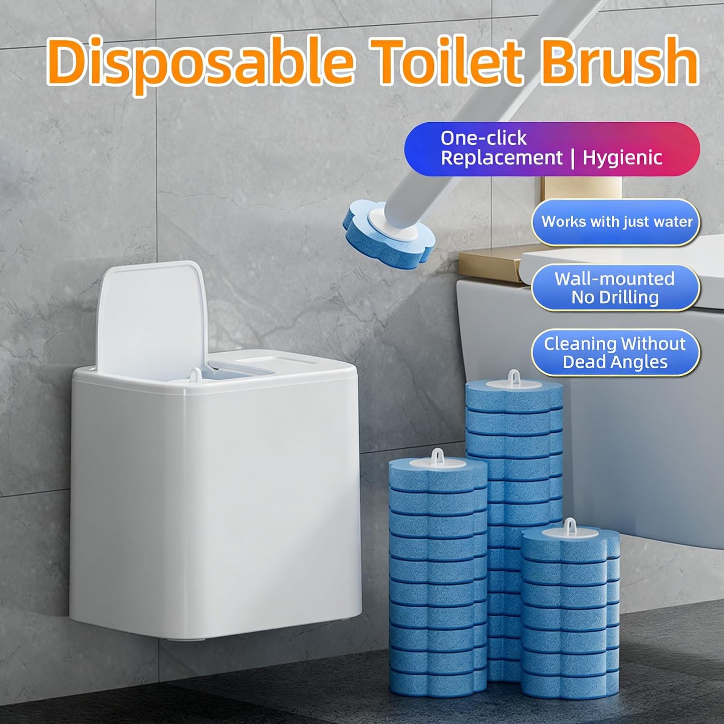 36 Sets of Disposable Toilet Brush Replacement Pads, Toilet Brush Sets, wall-Mounted Non-Contact Toilet Cleaning Kits, and Three Types of Replacement Brush Heads (Replace the Brush Head)