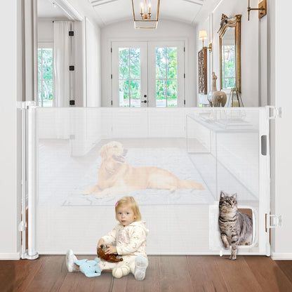 Retractable Baby Gate with Cat Door 55" Wide Retractable Baby Gate for Stairs Mesh Baby Gate with Pet Door Retractable Dog Gate for The House Retractable Pet Gate with Door Safety Gates for Toddlers