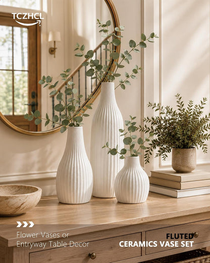Minimal Line White Ceramic Vase Set of 3 - Modern Nordic Boho Decorative Vases for Home Table Decor, Shelf, Entryway, Coffee Table, Dining Table Centerpiece, Fireplace Mantel - Matte White