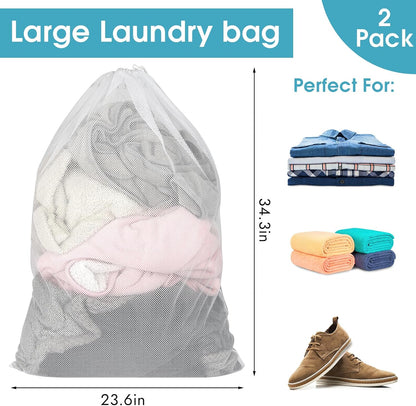 2 Pack Mesh Laundry Bags, 23 x 34 Inches Heavy Duty Mesh Laundry Bag, Large Laundry Drawstring Bag for College, Dorm, Travel, Family and Apartment Dwellers, Black