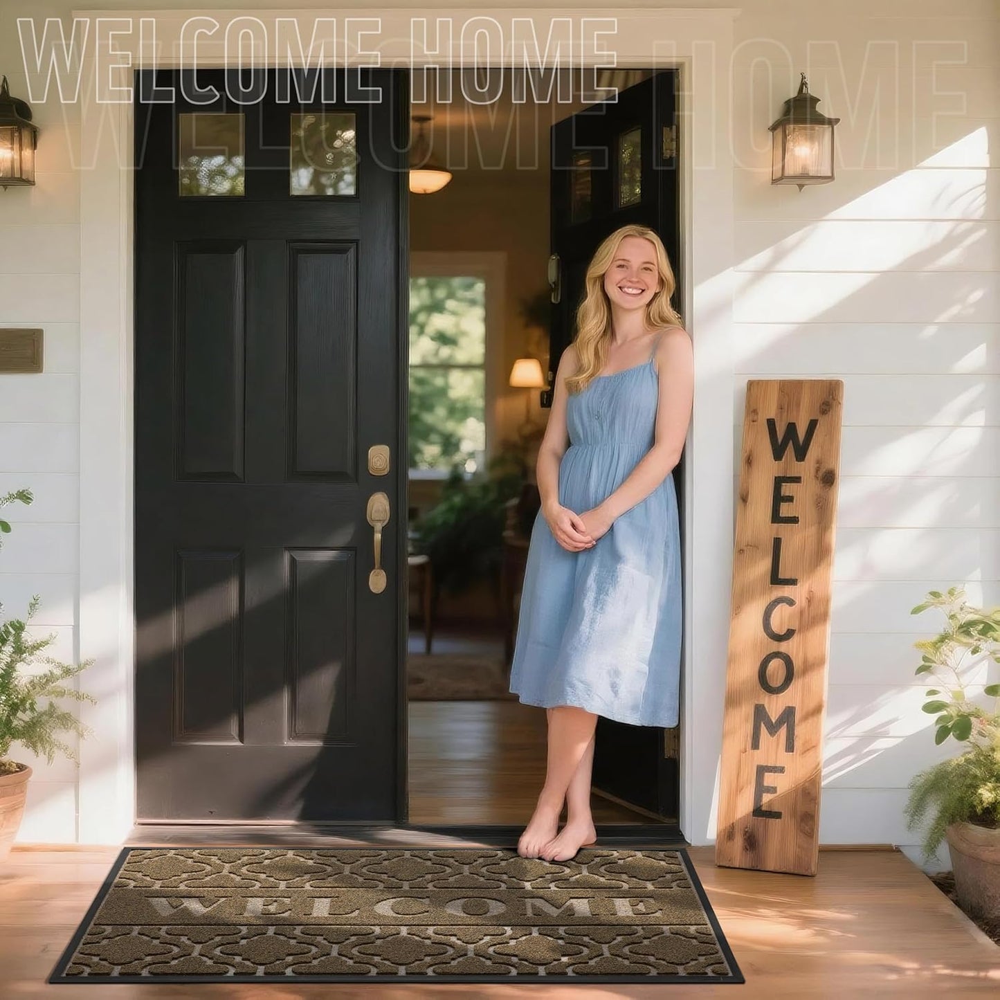 Yimobra Welcome Mat Outdoor Indoor, All-Weather Waterproof Front Door Mat Outside Entrance, Non-Slip Low Profile Porch Patio Doormat, 29.5x17, Black