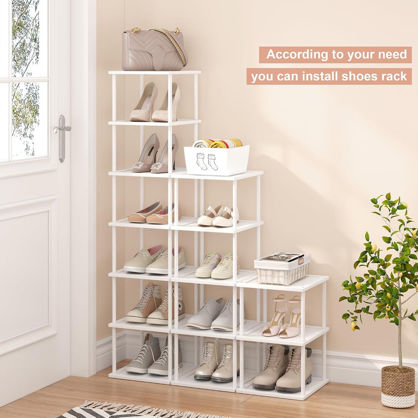 Vertical Tall Shoe Rack Organizer for Entryway -7 Tier Free Standing Slim Narrow Bamboo Wood Corner Stackable Shoe Boots Storage Stand Small Spaces for Closet Garage Cloakroom Living Room (Black)