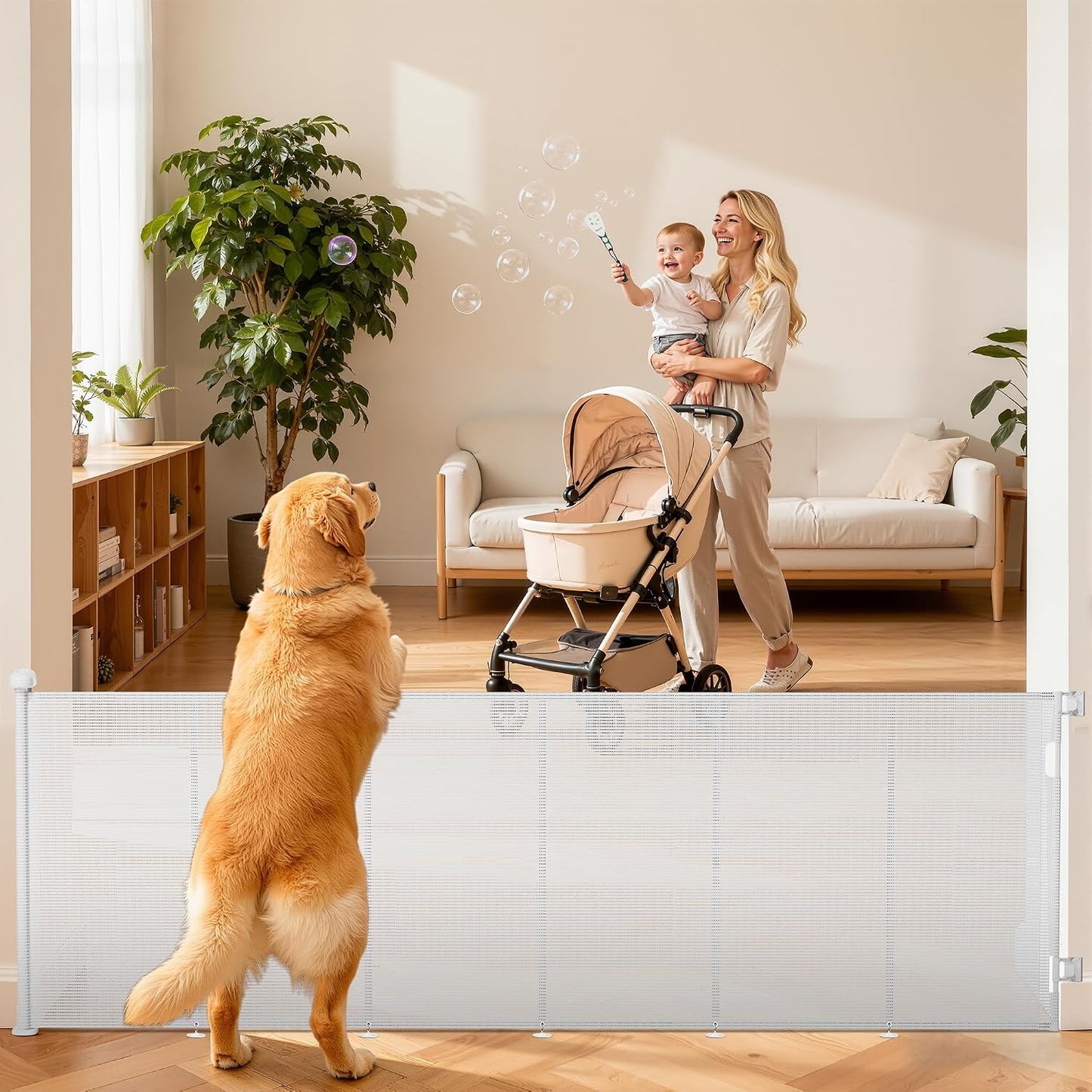 Retractable Baby Gate for Stairs, 42" Tall X 200" Wide Mesh Dog Gate Indoor, Child Gate for Doorways, Hallways, Deck, Indoor Outdoor Pet Baby Safety Essentials for Home, Black