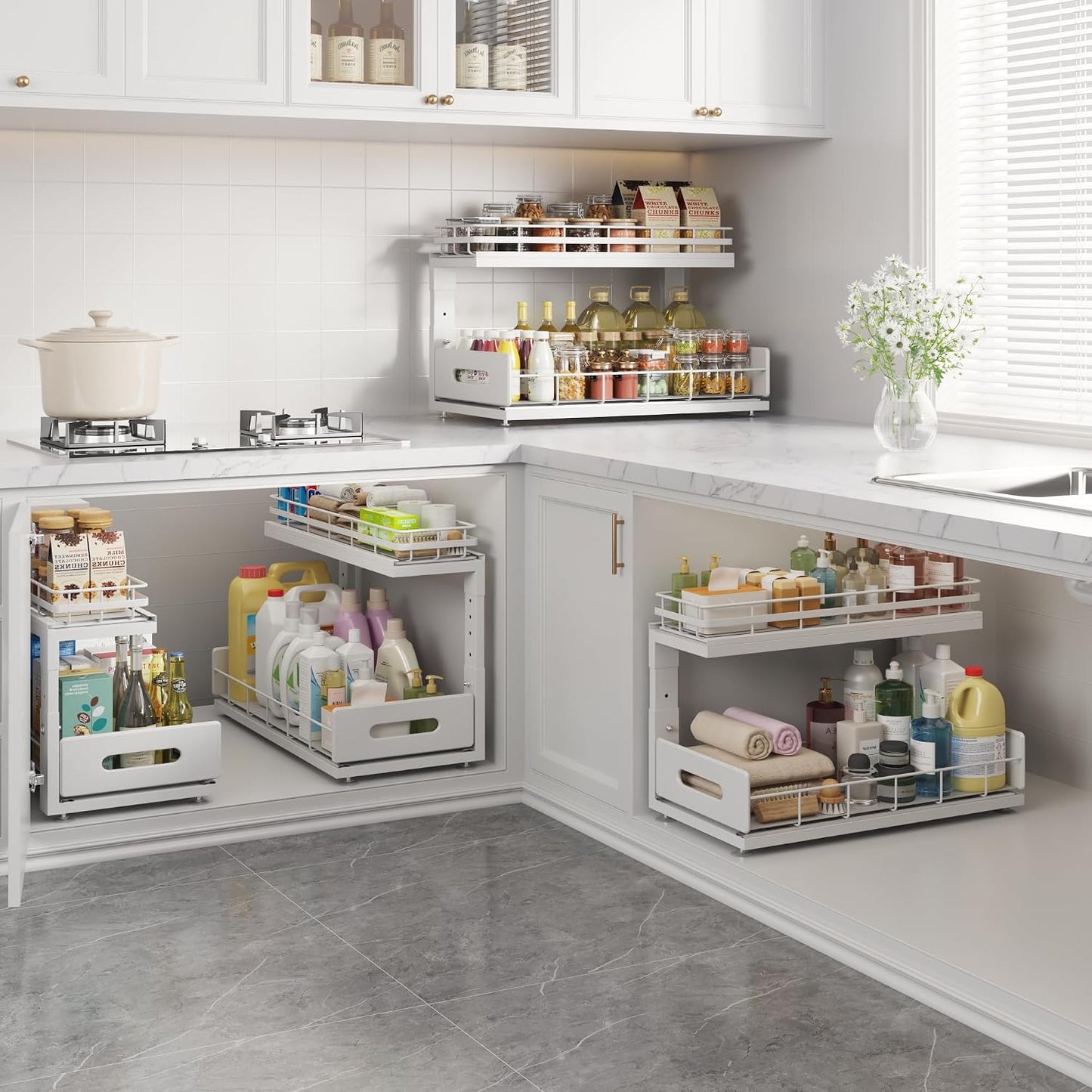 Under Sink Organizer Upgrade To Professional Rails,2-Tier Dual Pull Out Cabinet Storage,Height Adjustable Slide Out Drawers For Bathroom Kitchen,2 Pack-14.5" Dx12.8-16.9" H,White