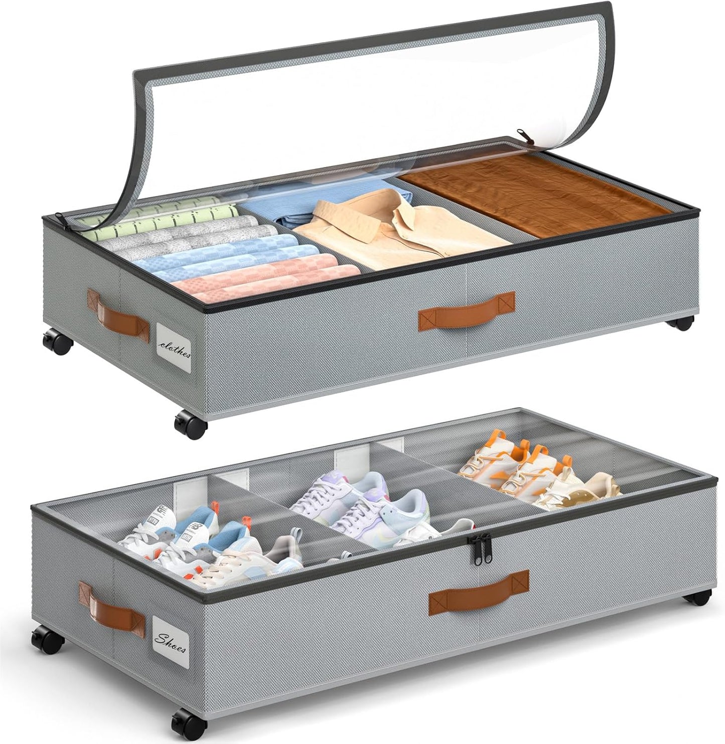 Yecaye Under Bed Storage with Wheels, 2 Pack Under Bed Storage Containers with Adjustable Dividers & Clear Lid, Rolling Underbed Organizer Bins Drawer for Clothes, Shoes, Blankets(30.3 x 16 x 6.7in)