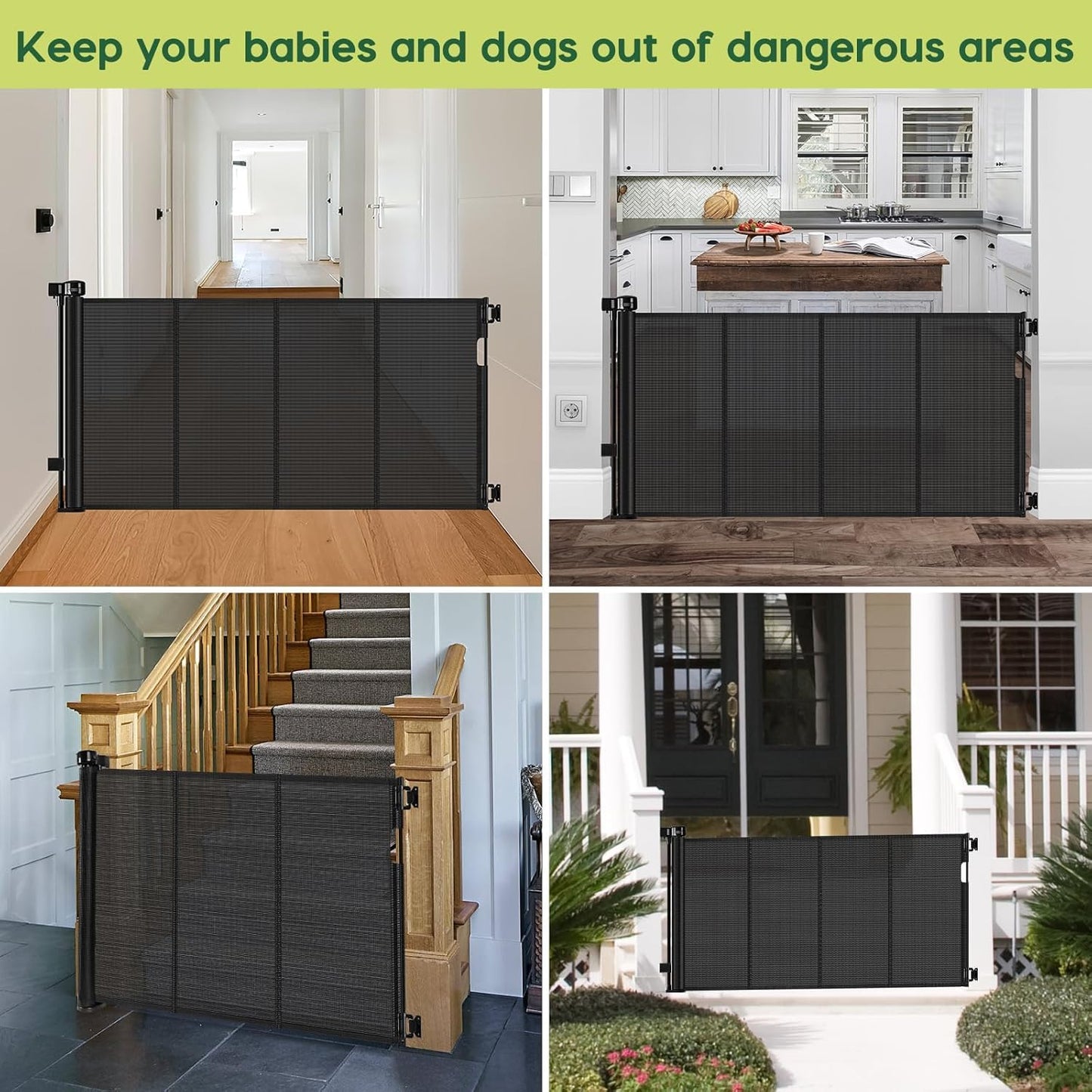 Reinforced 55" Wide Retractable Baby Gates with Reinforced Strips, Indoor/Outdoor Retractable Dog Gate for Doorway Prevent Bottom Drilling Through, No Bottom Bar Safety Mesh Baby Gate for Stair, Black