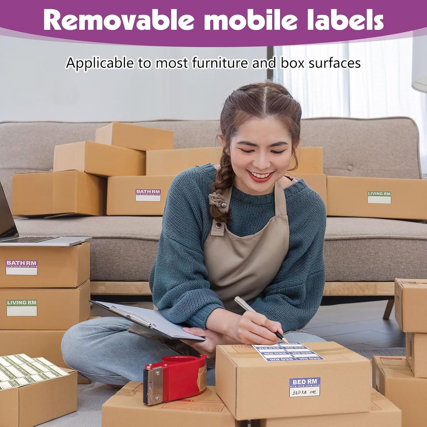200 Count Removable Moving Labels, 3.4 x 2 in, 9 Colors with Pen | Waterproof Synthetic Paper, Writable, Tear Resistant, Color Coded Room Labels, Fragile/Heavy/Blank, Residue-Free Removal