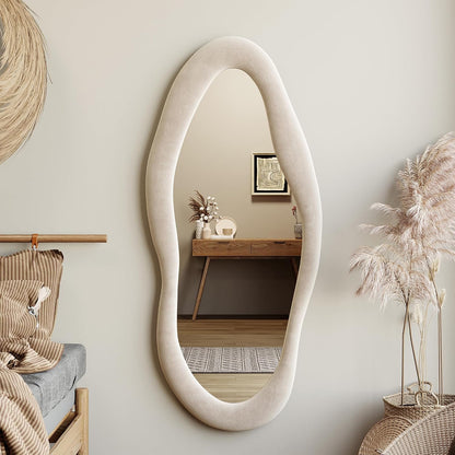 Honyee Full Length Mirror, 63" x 24" Wall Mirror, Flannel Wrapped Wooden Frame Floor Mirror, Irregular Wavy Mirror Hanging or Leaning Against Wall for Cloakroom/Bedroom/Living Room, Milk Tea