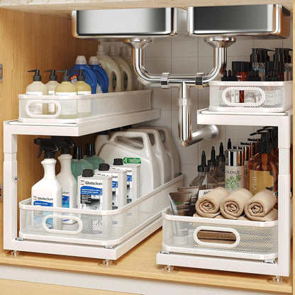 2-Pack Under Sink Storage Organizer with 2-Tier Slide Out Drawer, Sophisticated Mesh Pull Out Shelf for Kitchen & Bathroom, Fits Small Items, Upgraded Arched Track for Smooth Gliding(Patented)