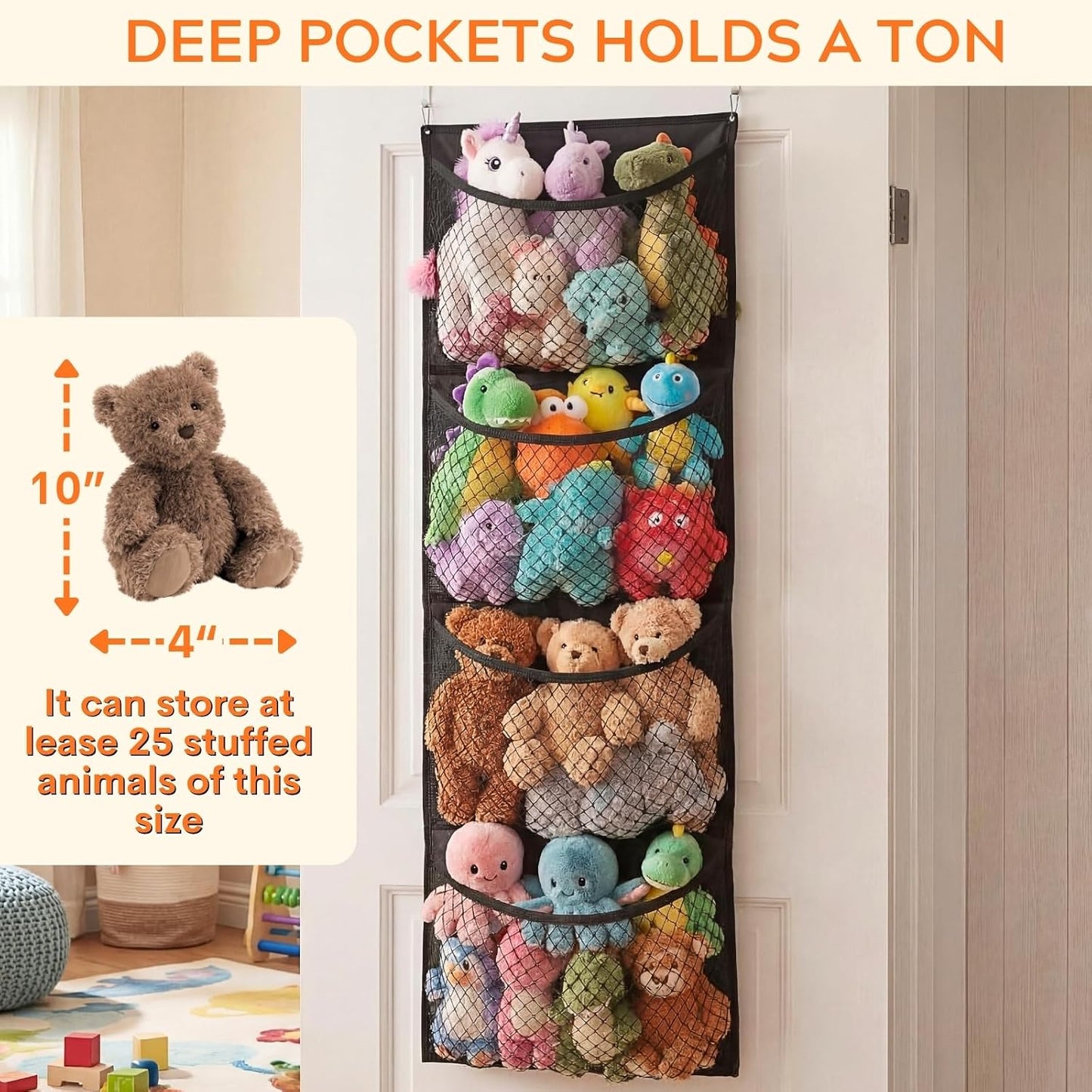 Ofiray-home Cotton Over The Door Stuffed Animal Storage | Toy Organizer for Storage Plush Toys, Stuffed Animal Holder with 4 Large Pockets, Hanging Door Organizer for Nursery