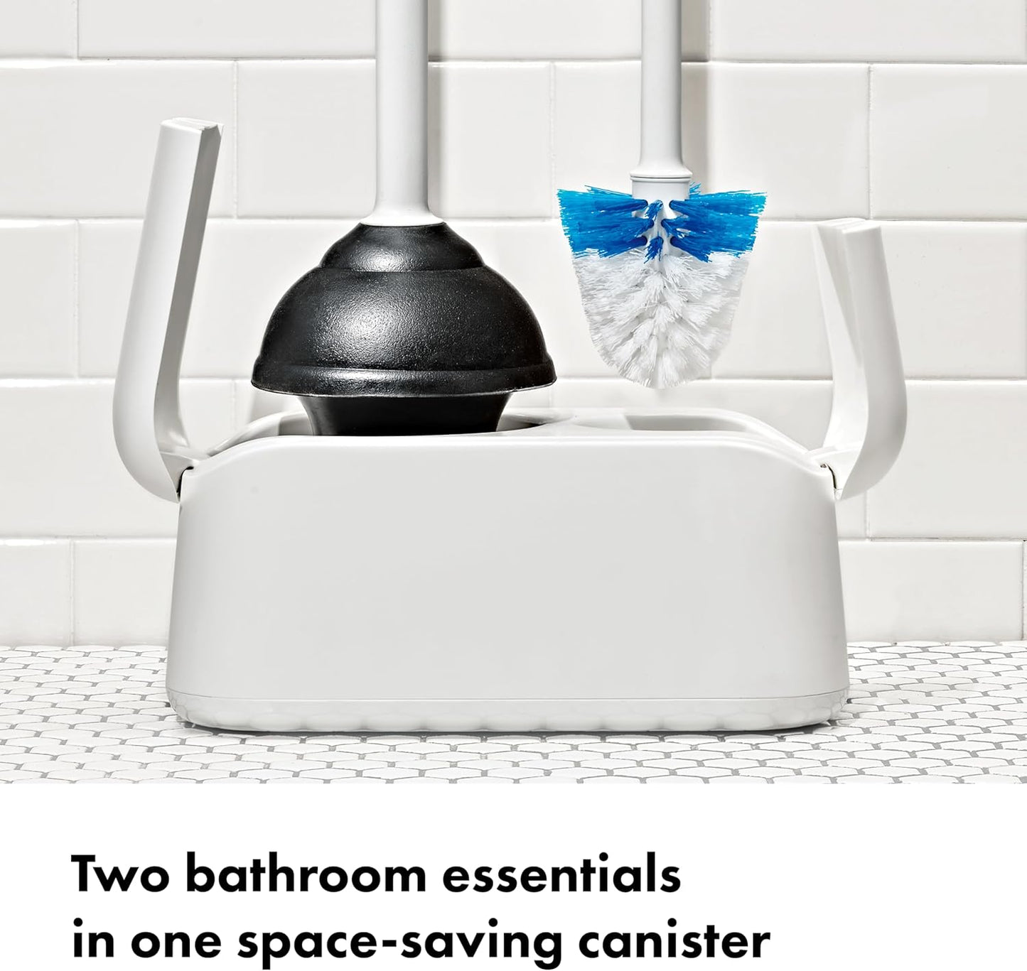 OXO Good Grips Toilet Brush & Plunger Set | Two Bathroom Essentials in one Space-Saving Canister | Toilet Bowl Cleaner and Plunger with Holder, Perfect for Small bathrooms