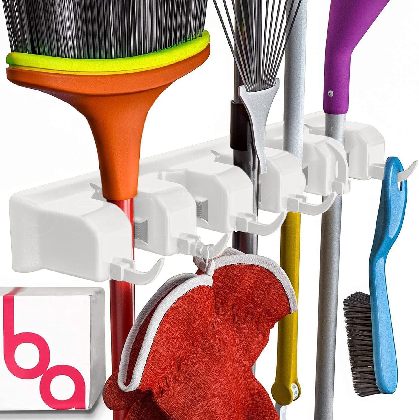 Broom Holder Wall Mount, Mop and Broom Organizer – Wall Mounted Broom Rack & Mop Rack, Rack for Brooms and Mops | Broom Hanger Wall Mount with 5 Slots & 6 Hooks, Kitchen Garage Laundry Garden