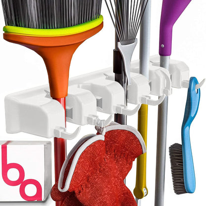 Broom Holder Wall Mount, Mop and Broom Organizer – Wall Mounted Broom Rack & Mop Rack, Rack for Brooms and Mops | Broom Hanger Wall Mount with 5 Slots & 6 Hooks, Kitchen Garage Laundry Garden