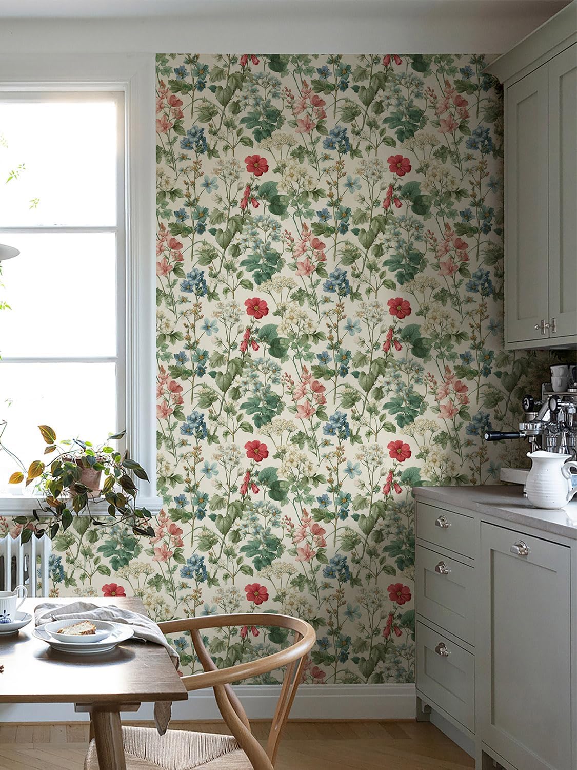 Orainege Pink Floral Peel and Stick Wallpaper Removable Self Adhesive Wallpaper 16.9inx118.1in Modern Wall Paper for Bedroom Bathroom Green Leaf Contact Paper for Cabinets