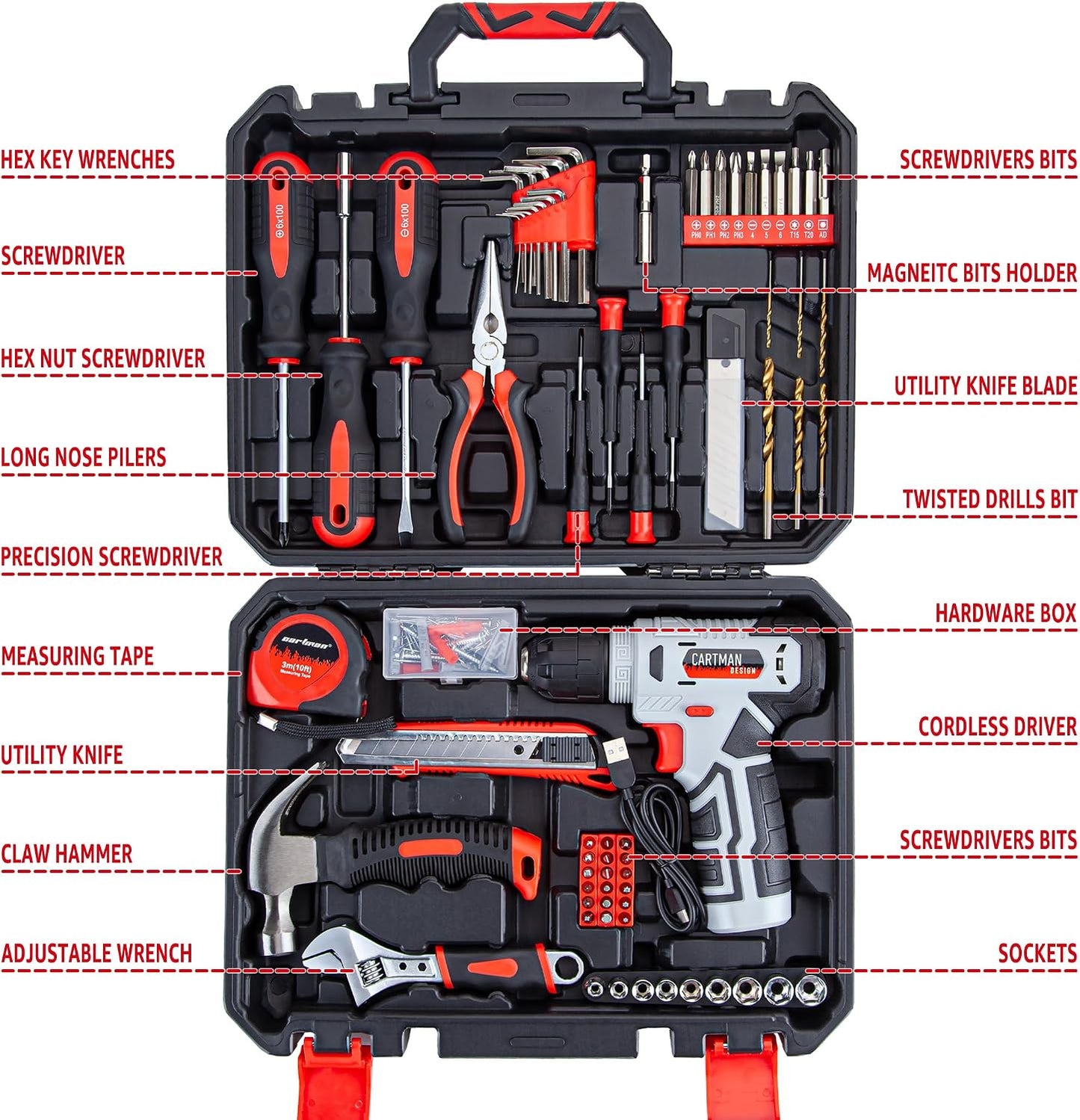 CARTMAN 150PCS 8V Cordless Drill Hand Tool Set, Purple Household Repair Kit | All-Inclusive Tool Assortment With 8V Drill, Great For Home Upkeep, DIY Crafting And Daily Household Fixes